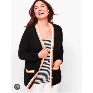 Talbots Tipped Cardigan Womens 1Xp Black Cotton Mature Career Work Soft Preppy